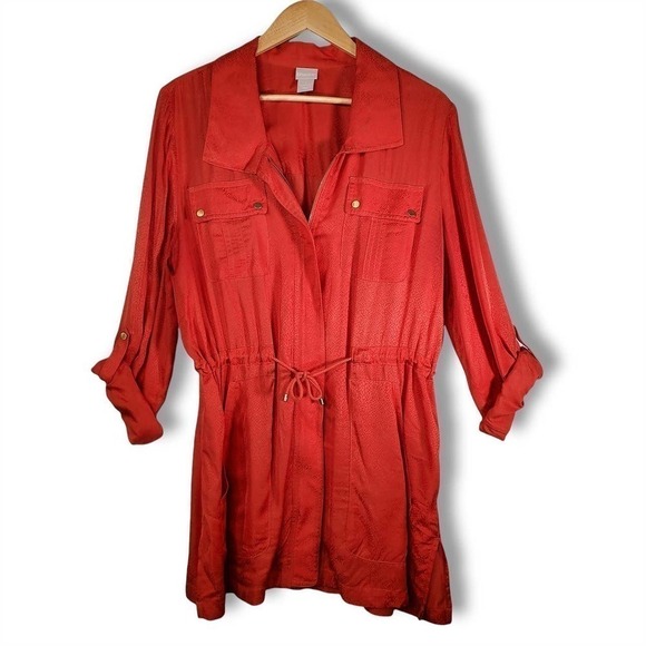 Chico's Snakeskin Print Tie Waist Tunic Red Orange Size 1 / Medium - Picture 1 of 12